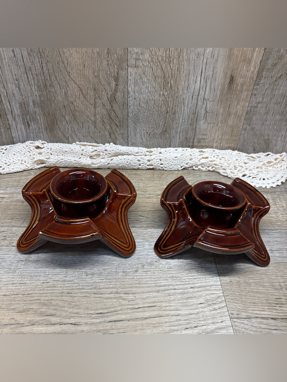 VTG LOT OF 2MARCREST STONEWARE POT WARMER CANDLE HOLDER BROWN GLAZE MCM USA 60’s